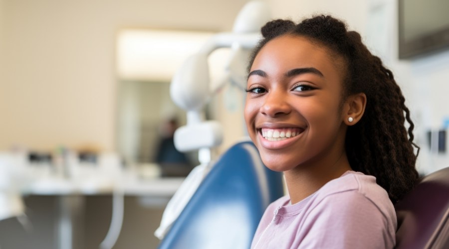 Young girl grinning in dental chair