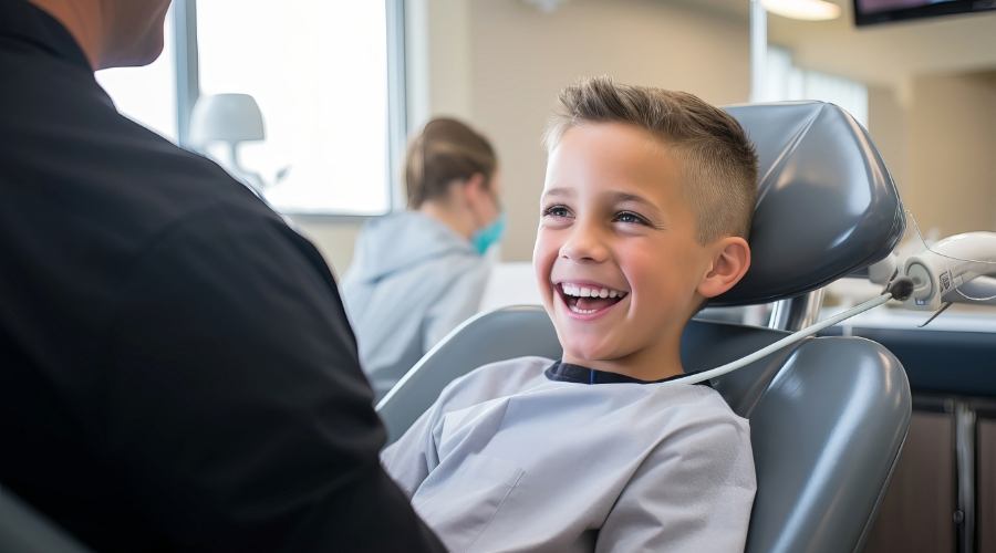 Young boy in dental chair smiling at his pediatric dentist in Southampton