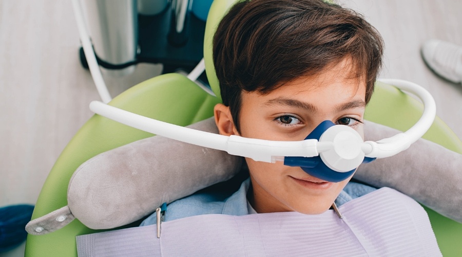 Young boy wearing nose mask for nitrous oxide sedation dentistry in Southampton